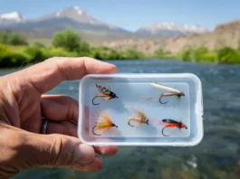 Fly box showcasing the top 5 deadly Colorado fly fishing flies for May, held near a river.