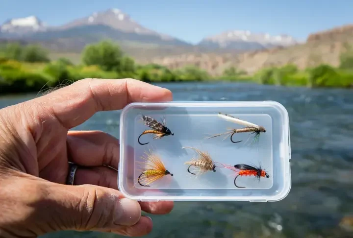 Fly box showcasing the top 5 deadly Colorado fly fishing flies for May, held near a river.