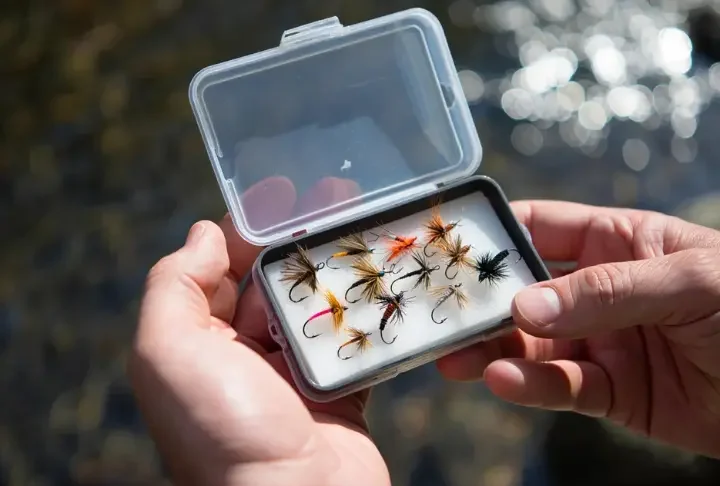 Fly box filled with proven, top-winning spring trout flies held open near a sunlit stream.