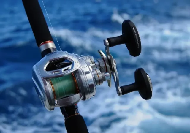 Tough saltwater fishing rod and reel enduring salt spray on a boat, built tough for the ocean.