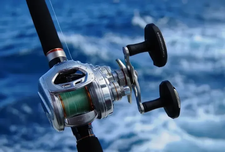 Tough saltwater fishing rod and reel enduring salt spray on a boat, built tough for the ocean.