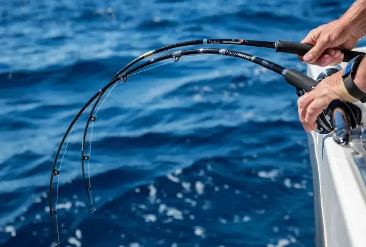 Heavy-duty saltwater fishing rod bent under strain battling a large ocean fish ('land giant').