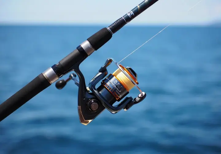 Close-up of core surf fishing tackle: a saltwater spinning reel securely attached to a surf rod.