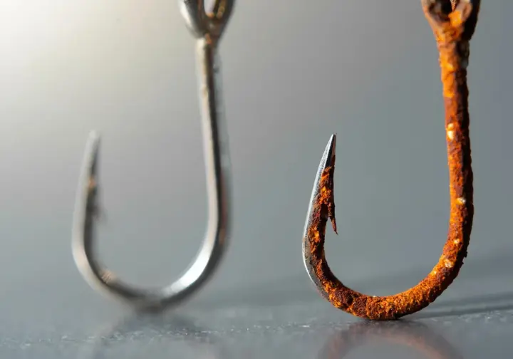 Comparison of a clean hook and a heavily rusted hook, showing why saltwater demands tougher fishing gear due to corrosion.