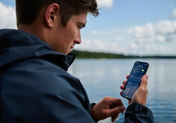 Angler checking a barometer app on their phone by the water, representing angler beliefs about pressure's direct impact.