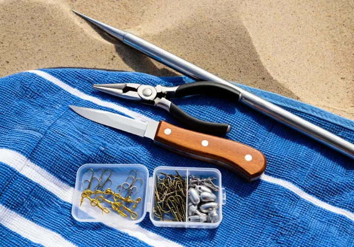 Essential surf fishing accessories including sand spike, pliers, knife, and terminal tackle box on a beach towel.