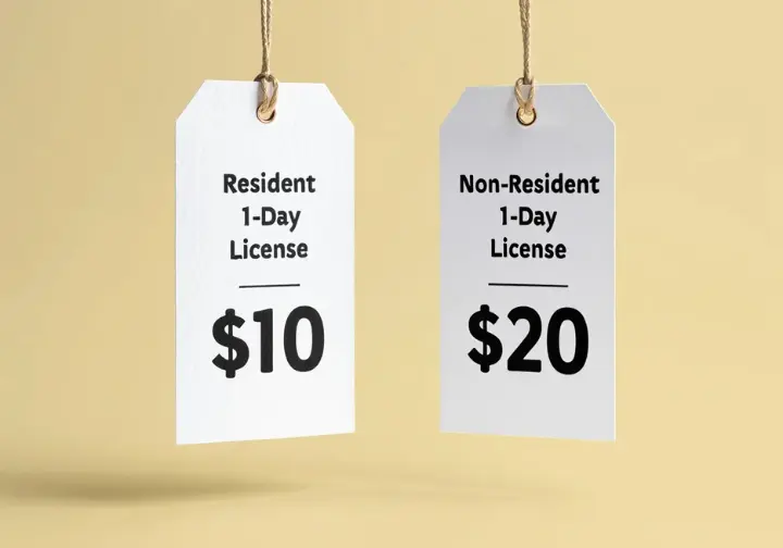 Comparison of resident and non-resident one-day fishing license costs depicted with price tags.