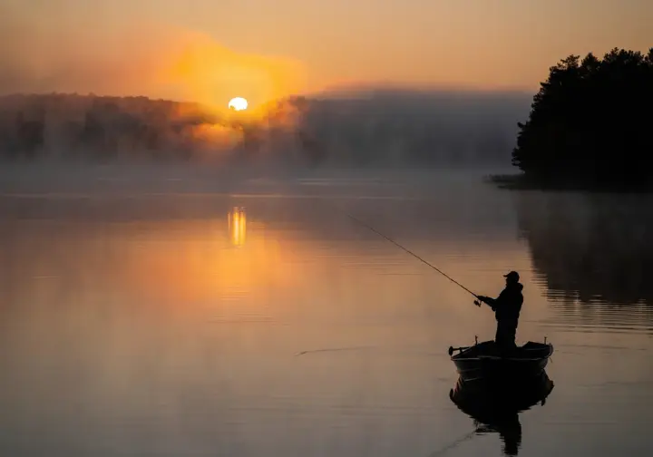 Calm lake scene at dawn, representing the best time for timing a trout fishing trip during low light.