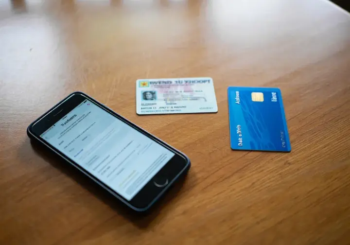 Items needed for the fishing license purchase process: ID, credit card, and smartphone showing an online form.