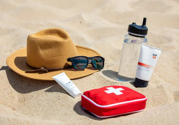 Surf fishing safety and comfort items: hat, sunglasses, sunscreen, water bottle, and first-aid kit on the beach.