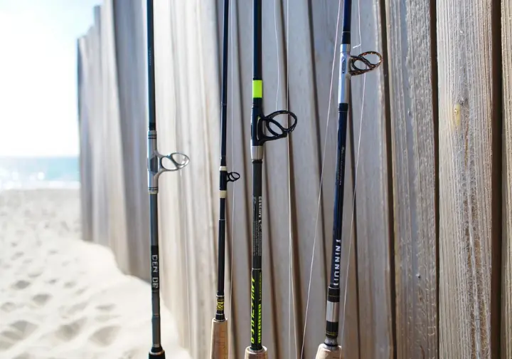 Display of three top-rated surf fishing rods recommended for 2025 leaning against a beach fence.