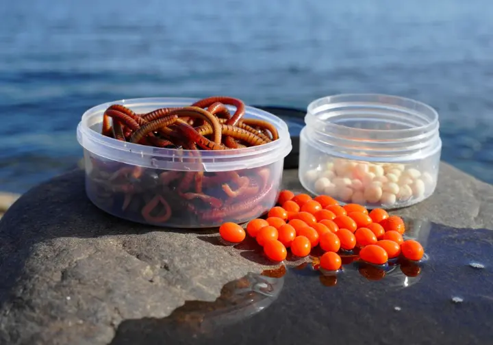 Best baits for lake trout displayed near water: nightcrawlers, salmon eggs, and PowerBait dough.