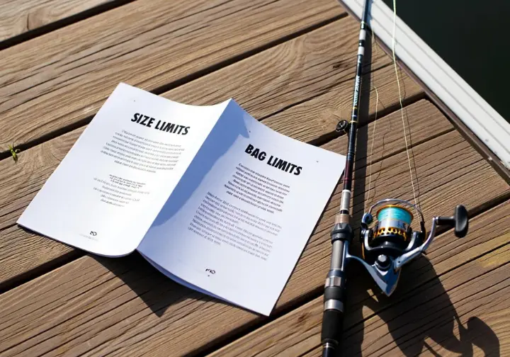 Open fishing regulations booklet next to fishing gear, emphasizing the need to follow rules beyond just buying a license.