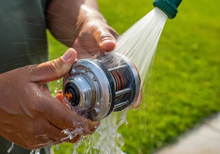 Angler keeping saltwater gear fighting fit by rinsing a reel with fresh water after fishing.