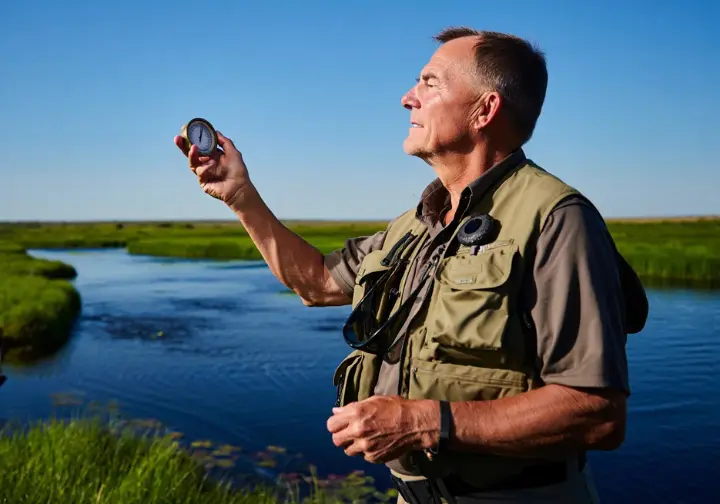 Angler assessing both a barometer reading and the weather conditions, reconciling pressure as an indicator.