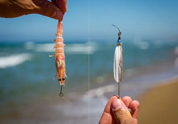 Comparison showing selection of natural bait (shrimp) and an artificial lure for surf fishing.