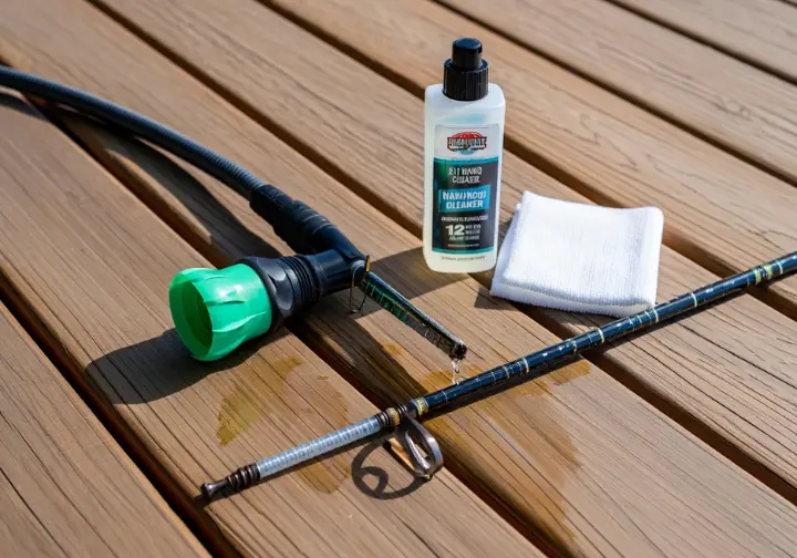 Surf fishing rod butt section next to essential maintenance items like a hose, cloth, and cleaner for proper care.