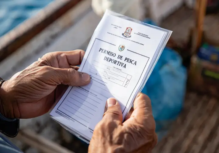 Close-up of hands holding a Mexican sportfishing license, representing Cabo fishing regulations.