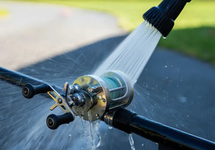 Maintaining surf gear by rinsing a rod and reel with fresh water after fishing.