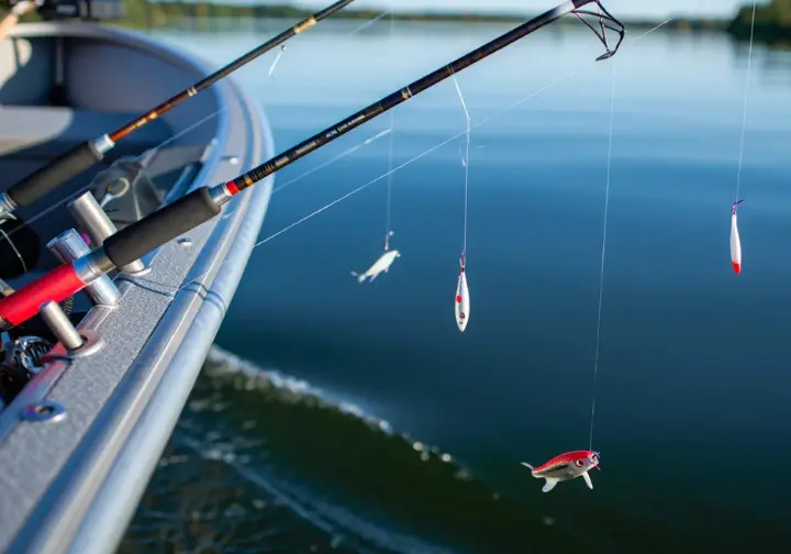 Fishing boat trolling lures on a calm lake, illustrating mastering lake fishing techniques.