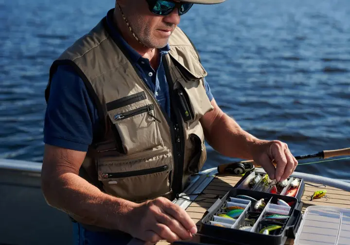 Angler adapting fishing tactics by changing lures, illustrating practical tips related to barometric pressure indicators.