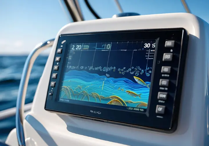 Fish finder screen showing sonar signals of depth, structure, baitfish, and trout arches for finding fish.