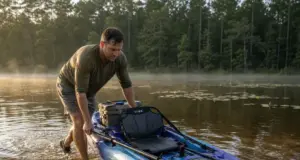 Best Fishing Kayaks Under $1000 Worth Rigging Up Angler pushing a Vibe Sea Ghost 110 fishing kayak off a shallow bank at first light