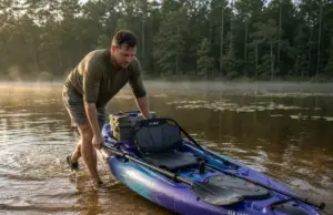 Best Fishing Kayaks Under $1000 Worth Rigging Up Angler pushing a Vibe Sea Ghost 110 fishing kayak off a shallow bank at first light