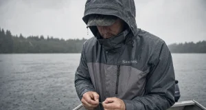 Best Rain Gear for Fishing and Why Cheap Sets Fail Angler in rain gear for fishing retying a lure in steady rain at the stern of a small aluminum boat