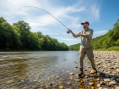 Best Rod and Reel Combos: A Data-Driven Buyer’s Guide A full-body shot of an angler wearing a fishing vest and hat, confidently casting a spinning rod and reel combo from the shore of a river.