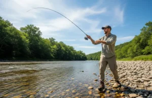 Best Rod and Reel Combos: A Data-Driven Buyer’s Guide A full-body shot of an angler wearing a fishing vest and hat, confidently casting a spinning rod and reel combo from the shore of a river.