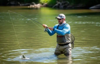 Which $100 Spinning Reel is Best? A Scenario-Based Guide A full-body shot of a man in waders standing in a river, using a spinning reel and rod to fight a fish on a sunny day.