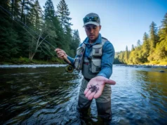 The Science of Hook Sizes: A Data-Backed Angler’s Guide A full-body shot of an angler in waders standing in a river, looking down at a variety of fishing hooks in his hand.