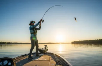 Best Bass Baitcasters Tested: From Finesse to Flipping A full-body shot of a male angler on a bass boat during sunrise, in the middle of casting a baitcaster rod and reel.