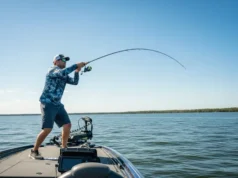 Top Braided Fishing Lines, Reviewed & Ranked by Data Full-body shot of an angler in a fishing shirt and hat casting a spinning rod from a boat deck on a sunny day.
