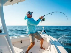 Best Saltwater Reels: Field-Tested Performance Scores A full-body shot of a man in fishing gear on a boat, leaning back as he reels in a large fish with a bent saltwater fishing rod.