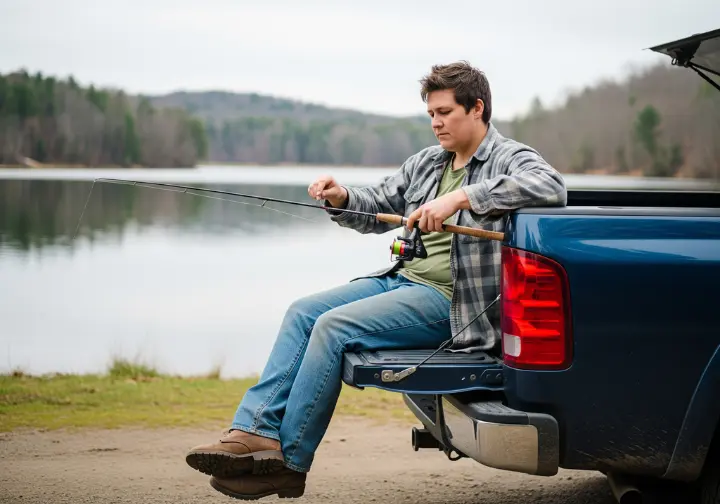 A full-body photograph of an angler sitting on a truck tailgate, carefully bending their fishing rod to inspect its action and flexibility.