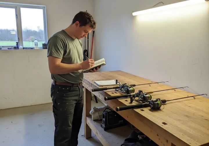 A full-body photograph of a person at a workbench meticulously comparing and taking notes on three different fishing rod and reel combos.