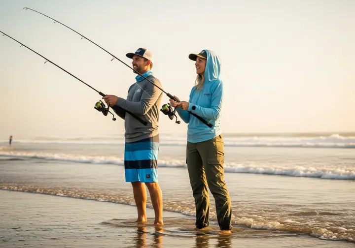 A full-body photograph of a man and woman wearing sun-protective clothing while surf fishing together from a beach at sunset.