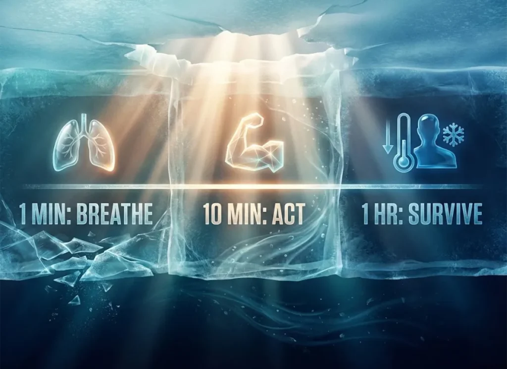 A premium 3D vector-style infographic titled "The 1-10-1 Survival Clock" set against a frozen ice texture. It illustrates three stages: lungs representing 1 minute of cold shock, a muscular arm representing 10 minutes of movement, and a core body temperature icon representing 1 hour before hypothermia.