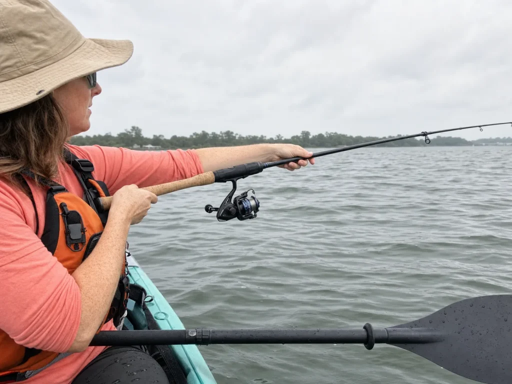 Angler holding a 7-foot spinning combo out to judge rod length from a kayak, beginner rod length