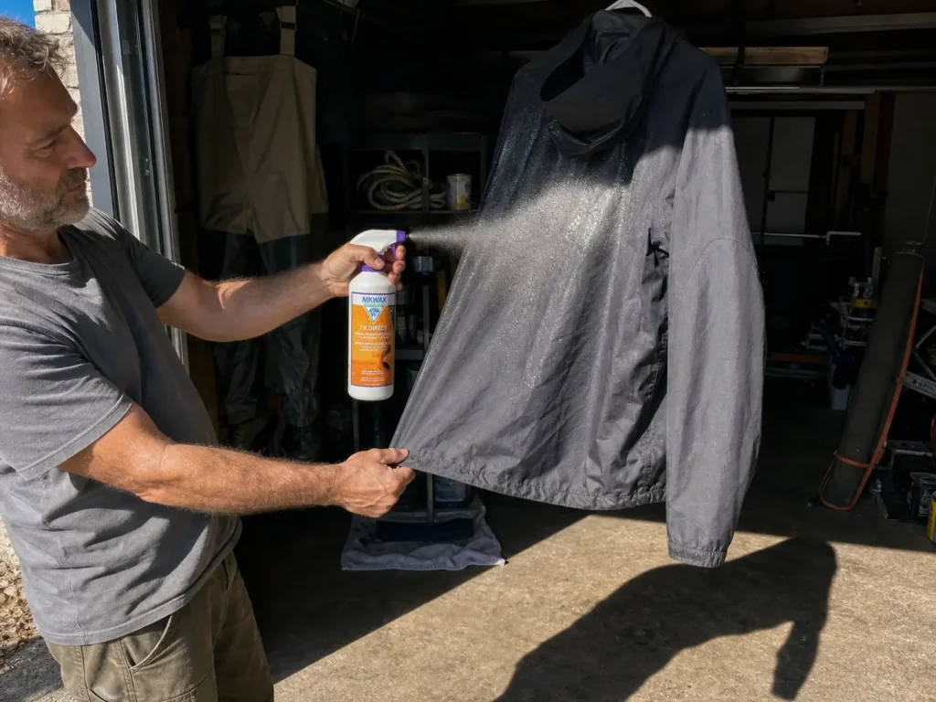 Angler respraying DWR waterproofing onto a fishing rain jacket hanging in an open garage doorway