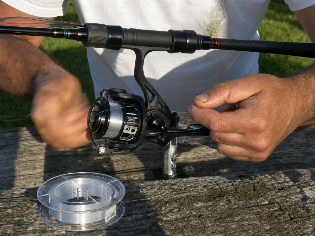 Hands spooling monofilament onto a spinning reel, matching line test to rod power for beginners