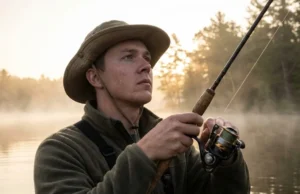 7 Best Spinning Rods for Beginners: Skill-Builder List Angler standing in a misty lake at sunrise holding a spinning rod, focusing intently on the rod tip.