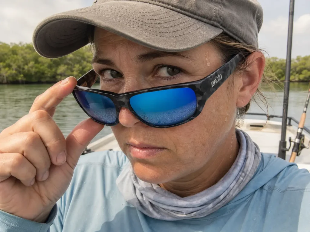Wrap-around polarized fishing sunglasses fogging on a humid Florida Keys morning