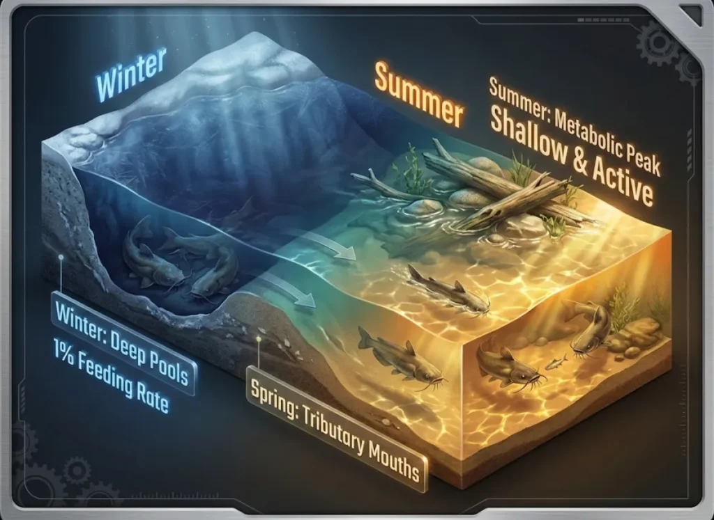 A stylized cross-section infographic of a riverbed illustrating the seasonal migration of channel catfish. The scene transitions from deep, cold winter pools on the left to shallow, warm summer flats on the right, featuring integrated data labels regarding metabolic rates.