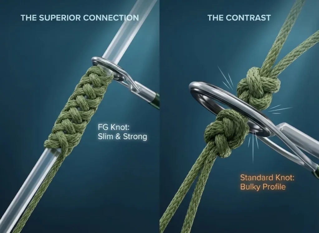 A split-screen macro visualization comparing the sleek, woven FG fishing knot gliding through a rod guide versus a bulky Double Uni knot. Labels highlight the "100% Strength" of the FG knot and the "Bulky Profile" of the standard knot.