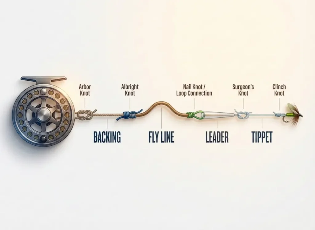 An elegant infographic illustrating the four-part architecture of a fly fishing line setup, from the reel to the fly, with labels for each component and the knots used for connection.