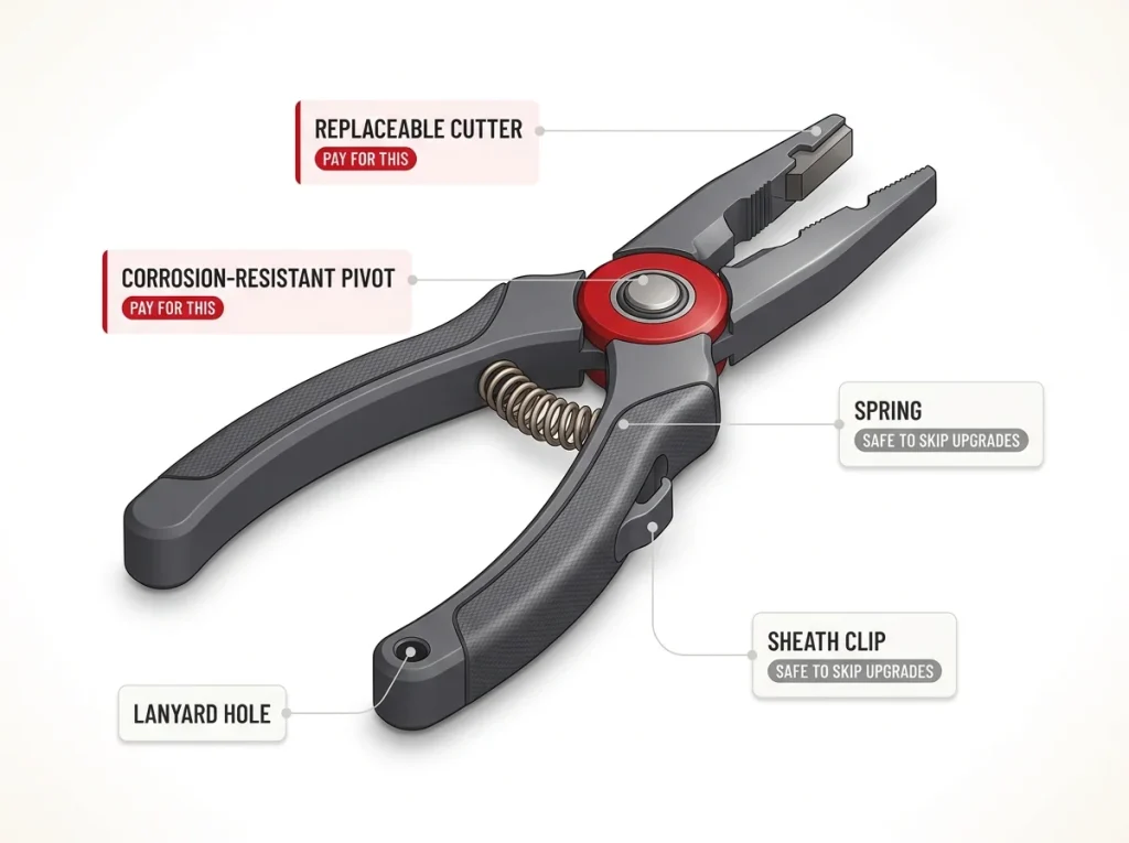 Annotated fishing pliers diagram labeling replaceable cutter, corrosion-resistant pivot, spring, lanyard hole, and sheath clip features