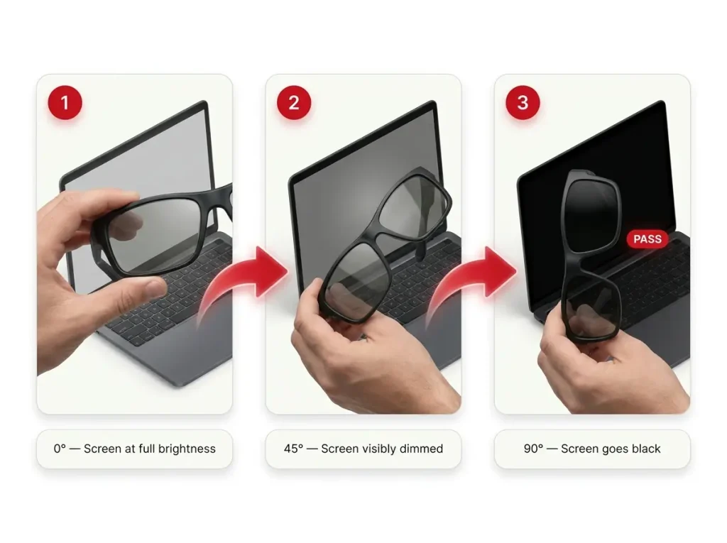 Step-by-step photo sequence showing the blackout test for polarized sunglasses at 0, 45, and 90 degree rotation against a screen
